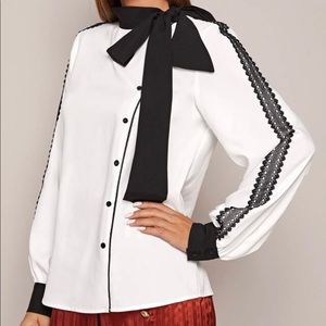 Tie Neck Lace Detail Asymmetric Placket Blouse